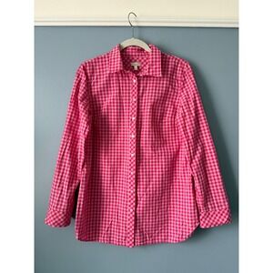 Talbots Pink Gingham Button Up Shirt Long Roll Tab Sleeve 100% Cotton Size Small